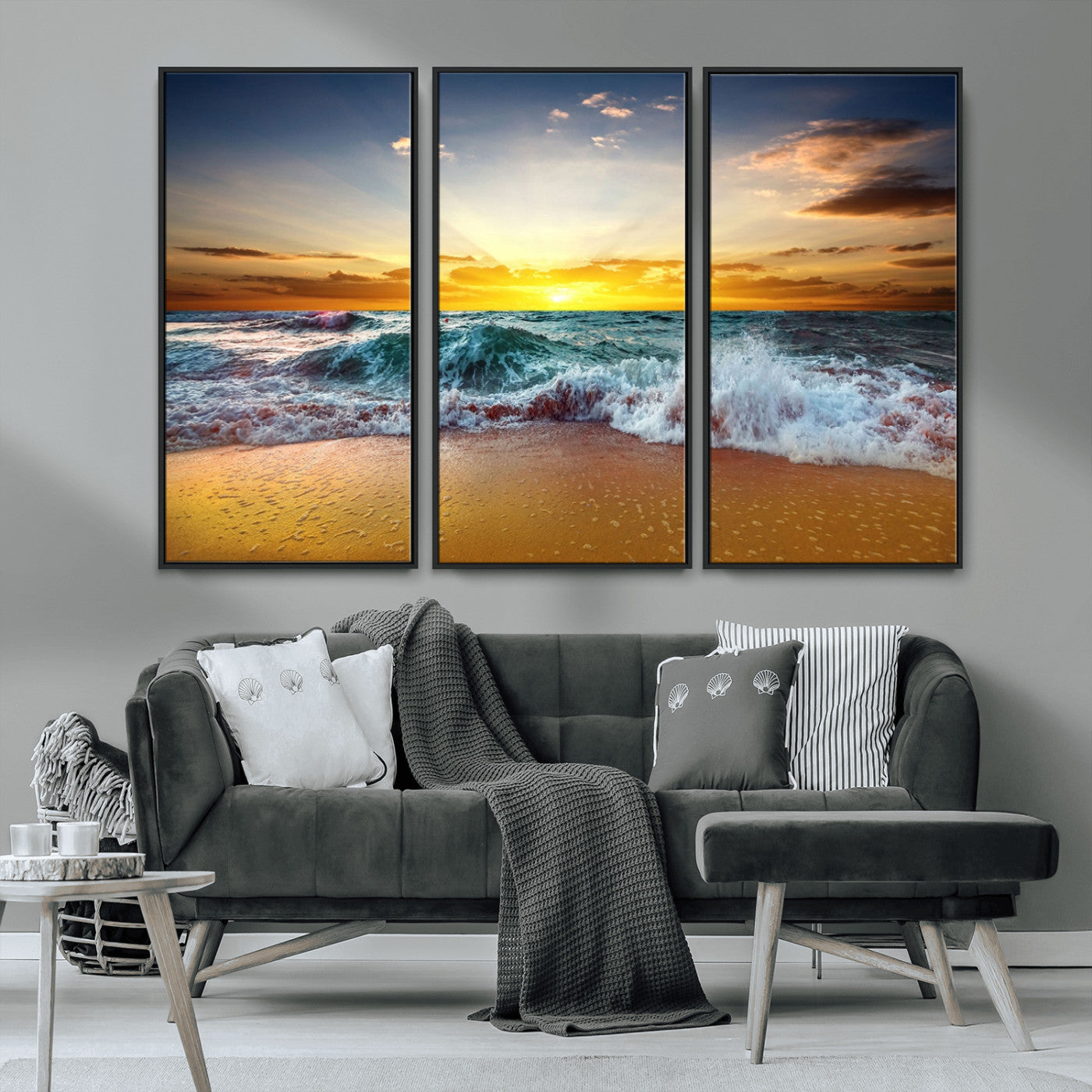 MGV-FC-48X32-3P - Golden Sunset Ocean Waves Wall Art Canvas Print – Multi Panel Beach Canvas Print Set – Large Coastal Triptych Print for Home or Farmhouse Decor