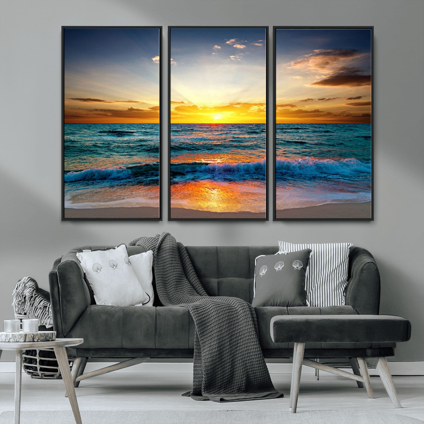 MGV-FC-48X32-3P - Vibrant Ocean Sunrise Over Golden Beach Waves, Giclee Canvas Wall Art Set, High-Quality Stretched Canvas Print, Ready to Hang Coastal Sunset Wall