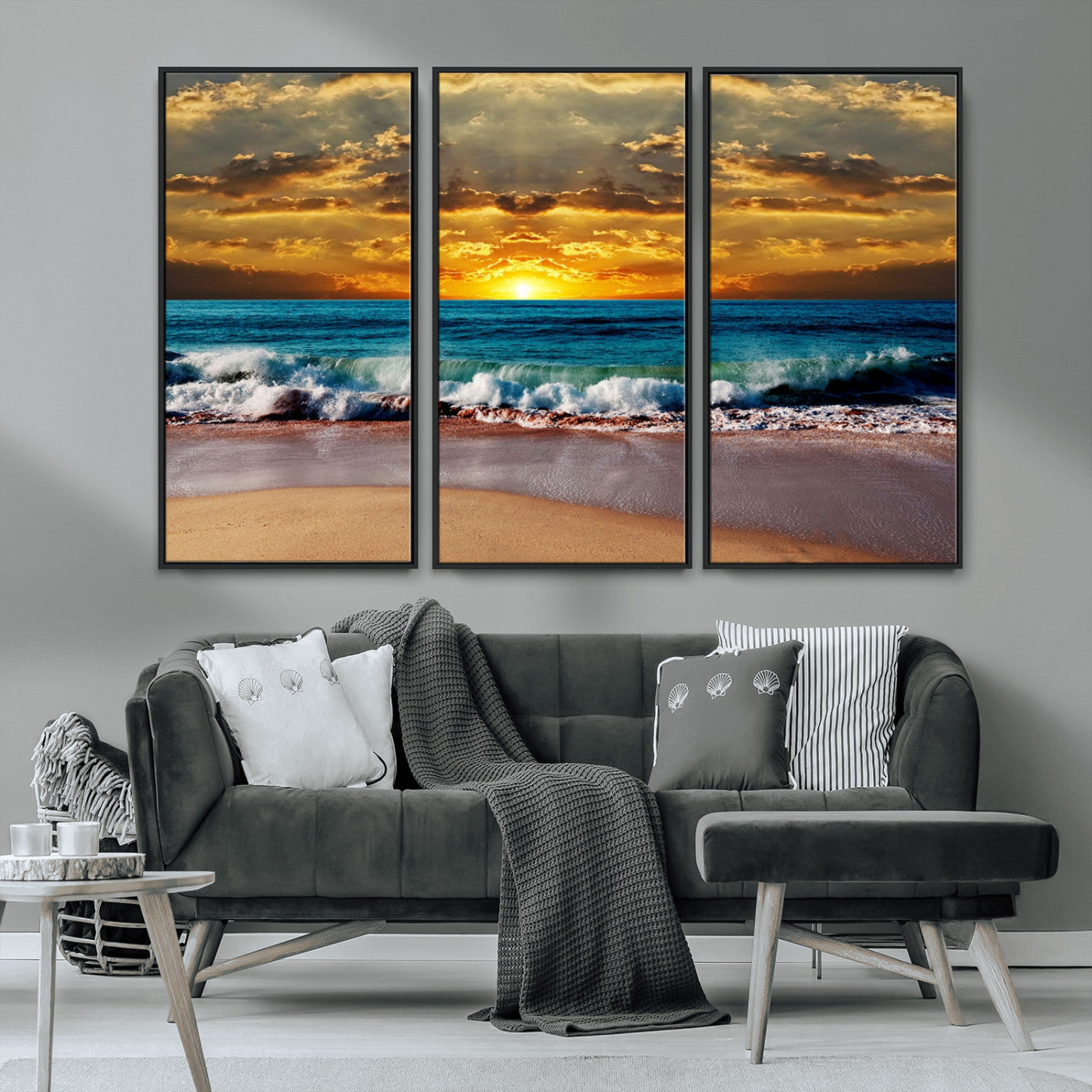 MGV-FC-48X32-3P - Ocean Sunrise Over Golden Beach Waves, Giclee Canvas Wall Art Set, High-Quality Stretched Canvas Print, Ready to Hang Coastal Sunset Wall Decor
