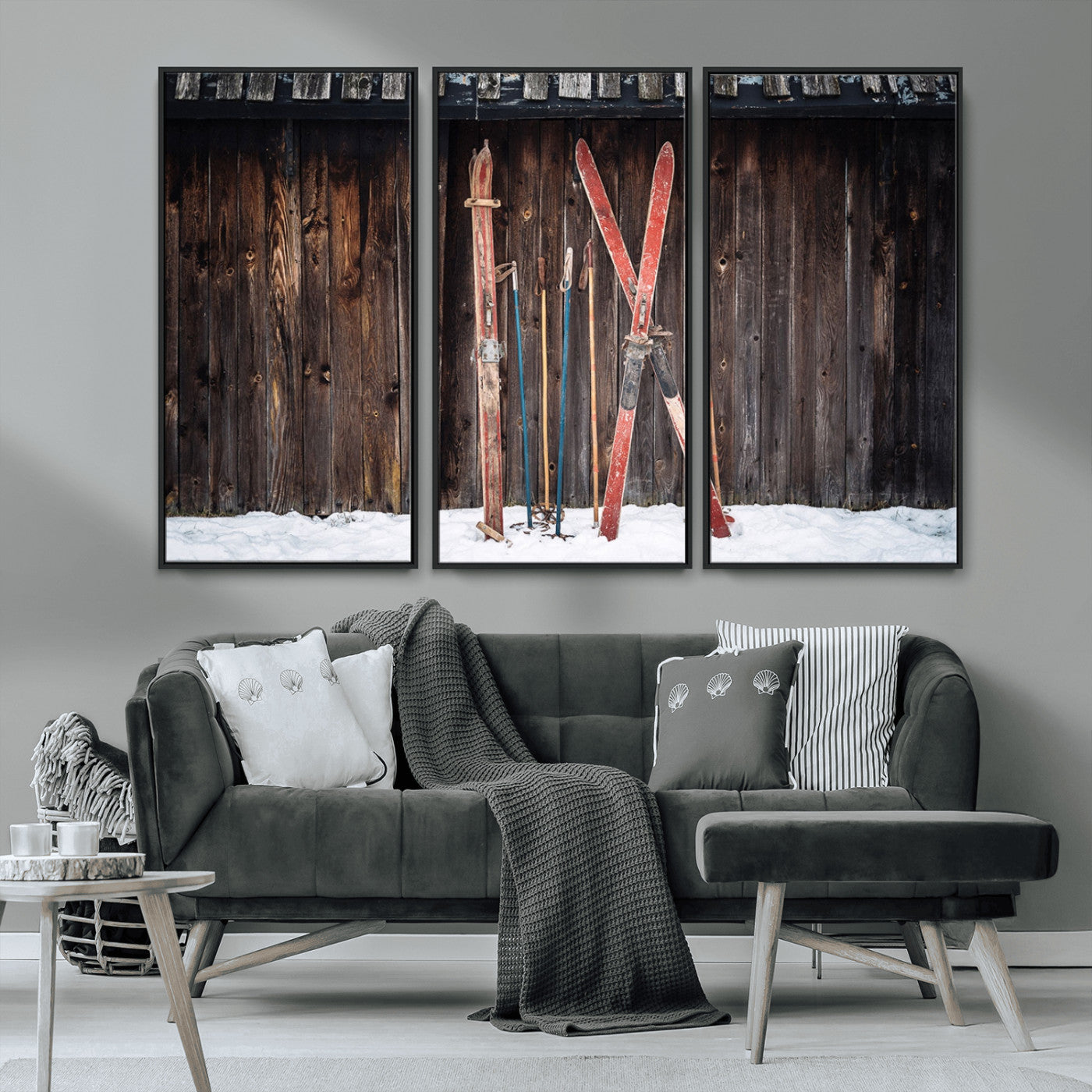 MGV-FC-48X32-3P - Vintage Ski Gear Against Wooden Cabin Wall, Rustic Winter Sports Equipment Canvas Print, Ready to Hang Wall Art, Perfect for Lodge or Ski Cabin Decor