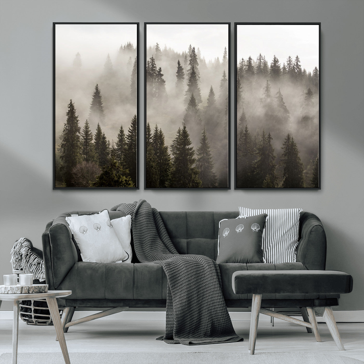 MGV-FC-48X32-3P - Foggy Mountain Wall Art | 3-Panel Foggy Forest and Mountain Landscape | Large Giclee Print for