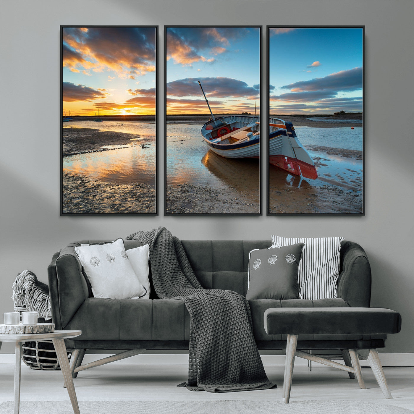 MGV-FC-48X32-3P - Small Boat At The Beach Sunset Wall Art, Boat Sunset Wall Art Canvas Print