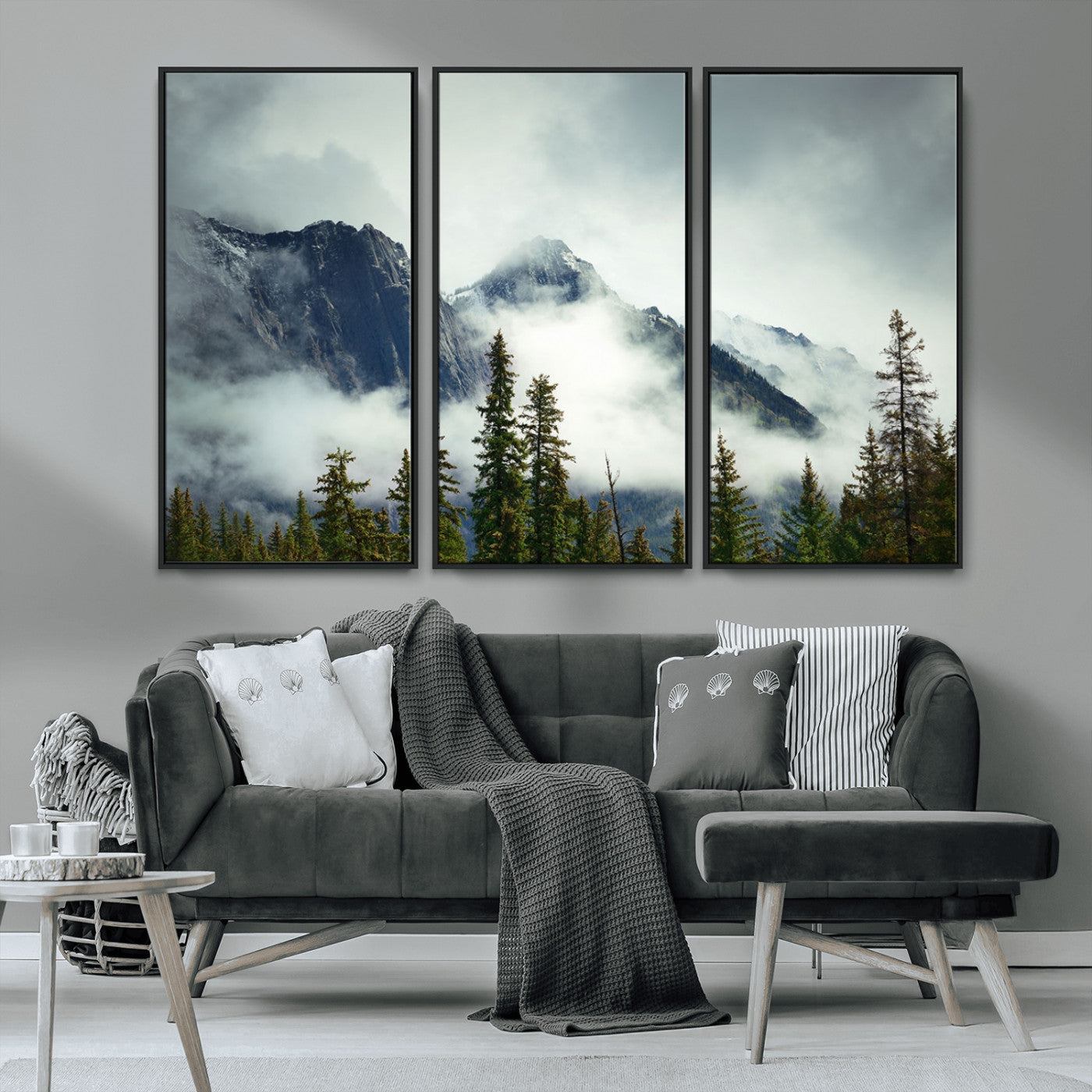 MGV-FC-48X32-3P - Mountain Mist Canvas Wall Art | 3-Panel Foggy Forest and Mountain Landscape | Large Giclee Print for Living Room, Office, or Cabin, Farmhouse Decor