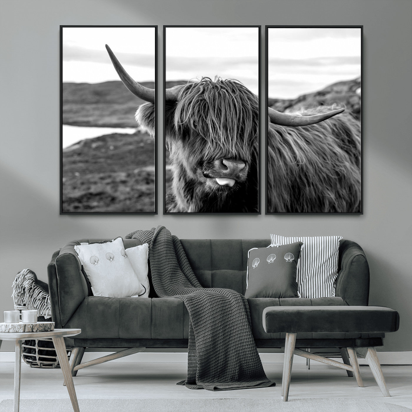 MGV-FC-48X32-3P - Highland Cow Canvas Wall Art – Black and White Animal Portrait – Framed and Ready to Hang Rustic Farmhouse Decor for Living Room or Office