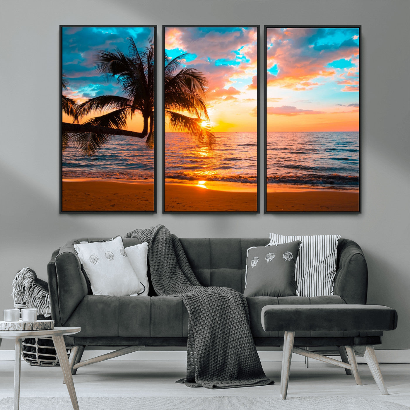-Palm Tree Sunset On The Beach Wall Art Canvas, Framed Palm Tree Sunset Canvas Print