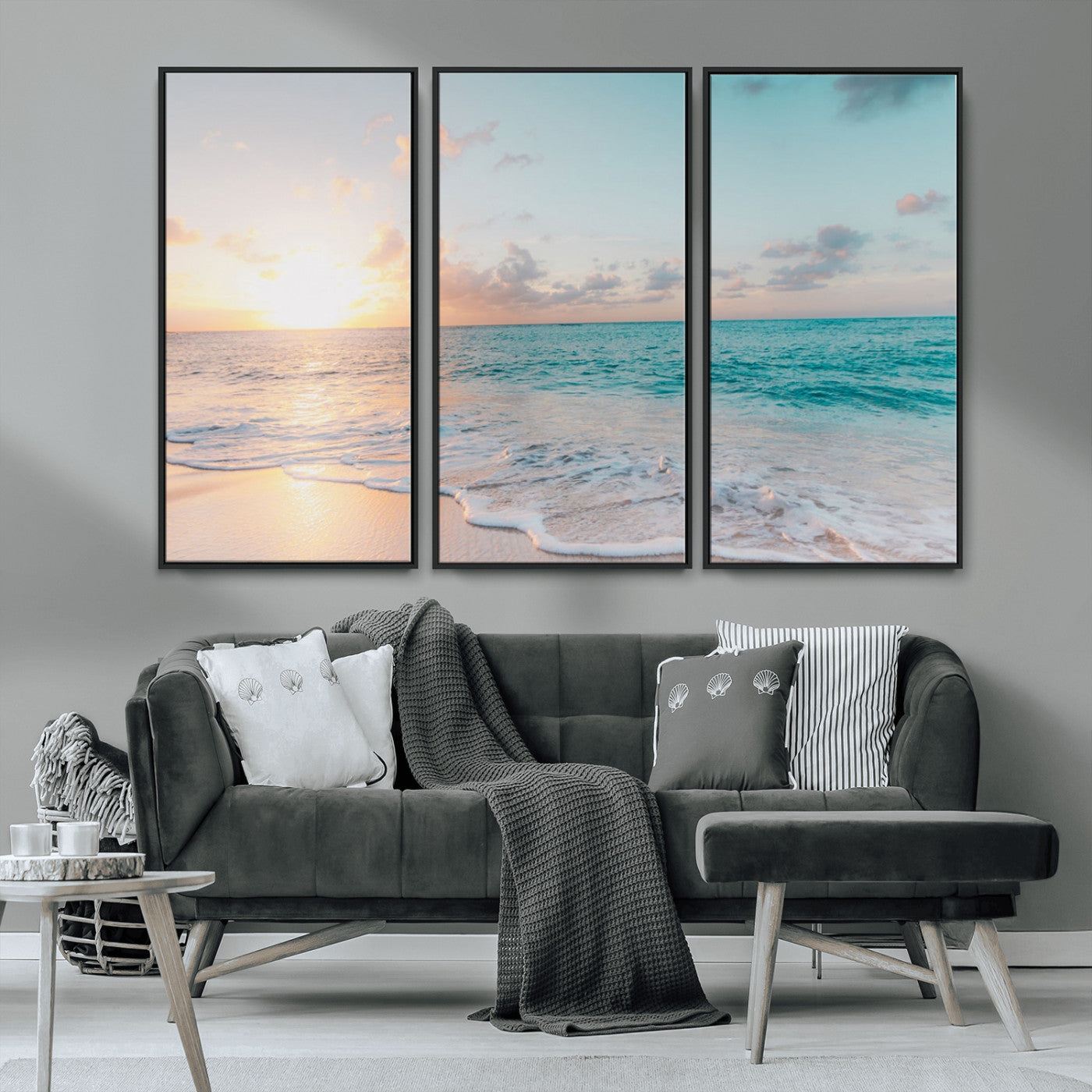 MGV-FC-48X32-3P - Tranquil Ocean Beach Sunset Canvas Wall Art | 3-Panel Coastal Decor