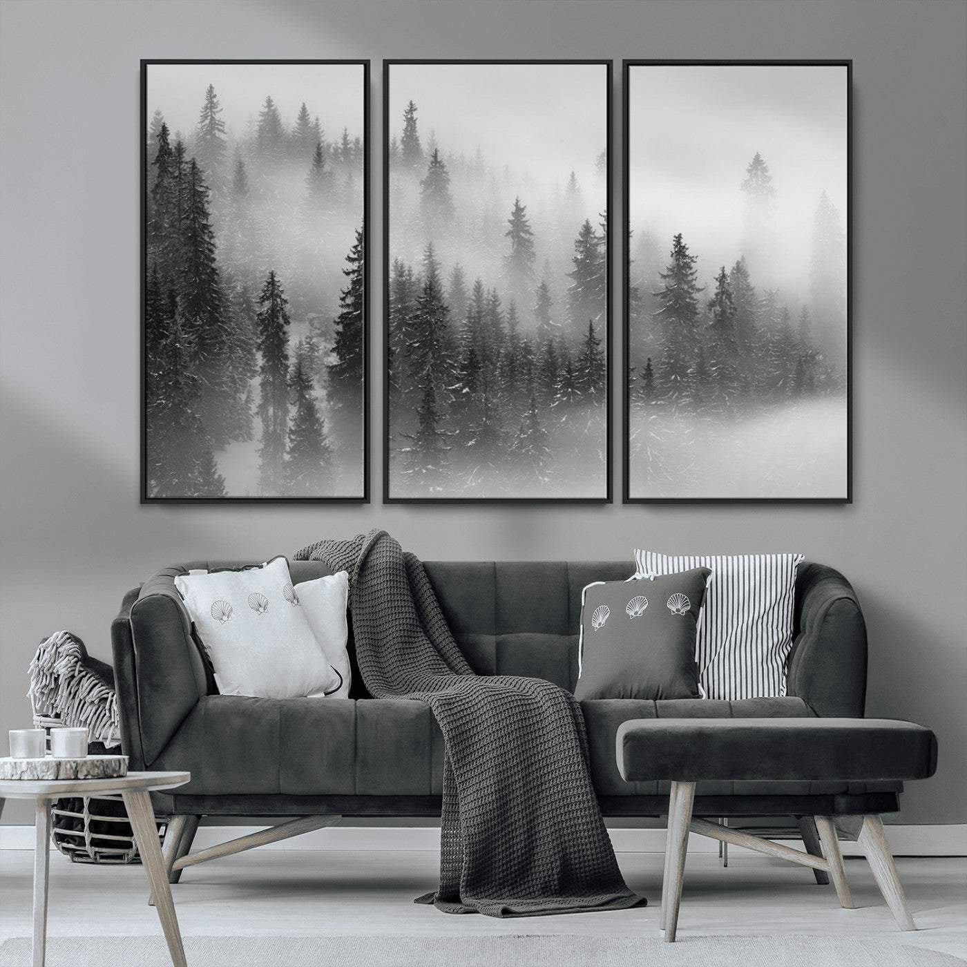 MGV-FC-48X32-3P - Black and White Forest Wall Art Print – Misty Pine Tree Canvas Print – Winter Woodland Nature Artwork – Perfect for Minimalist Home Decor