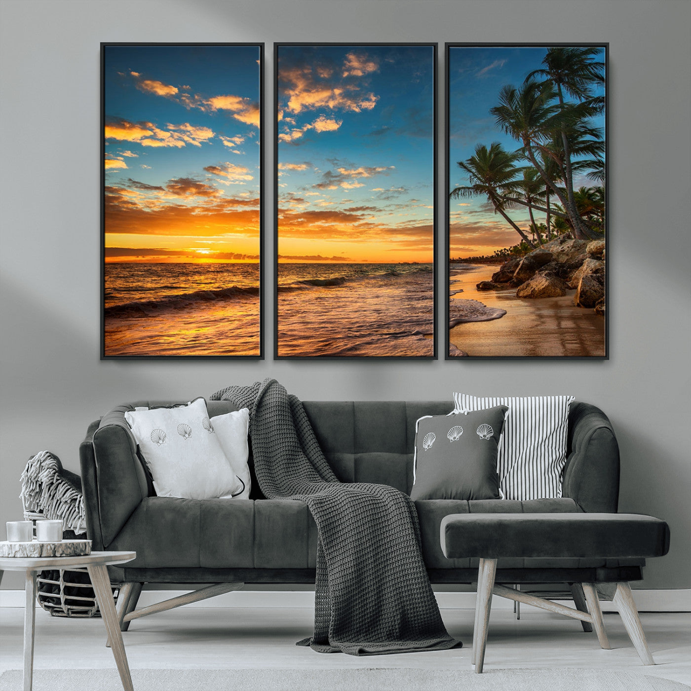 MGV-FC-48X32-3P - Tropical Beach Sunset Wall Art Print – Palm Tree Coastal Canvas Print – Ocean Seascape Artwork – Perfect for Tropical Modern Home Decor
