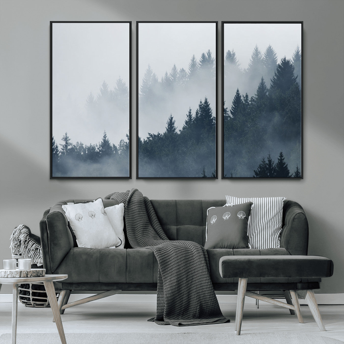 MGV-FC-48X32-3P - Misty Forest Wall Art Print – Foggy Pine Tree Canvas Print – Dark Woodland Nature Artwork – Perfect for Minimalist and Modern Home Decor