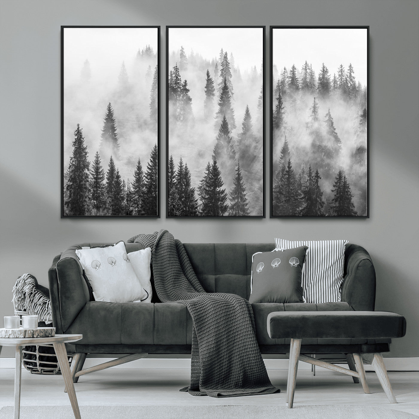 MGV-FC-48X32-3P - Forest Wall Art Print | Foggy Pine Forest Canvas Wall Art - Black and White Nature Decor for Living