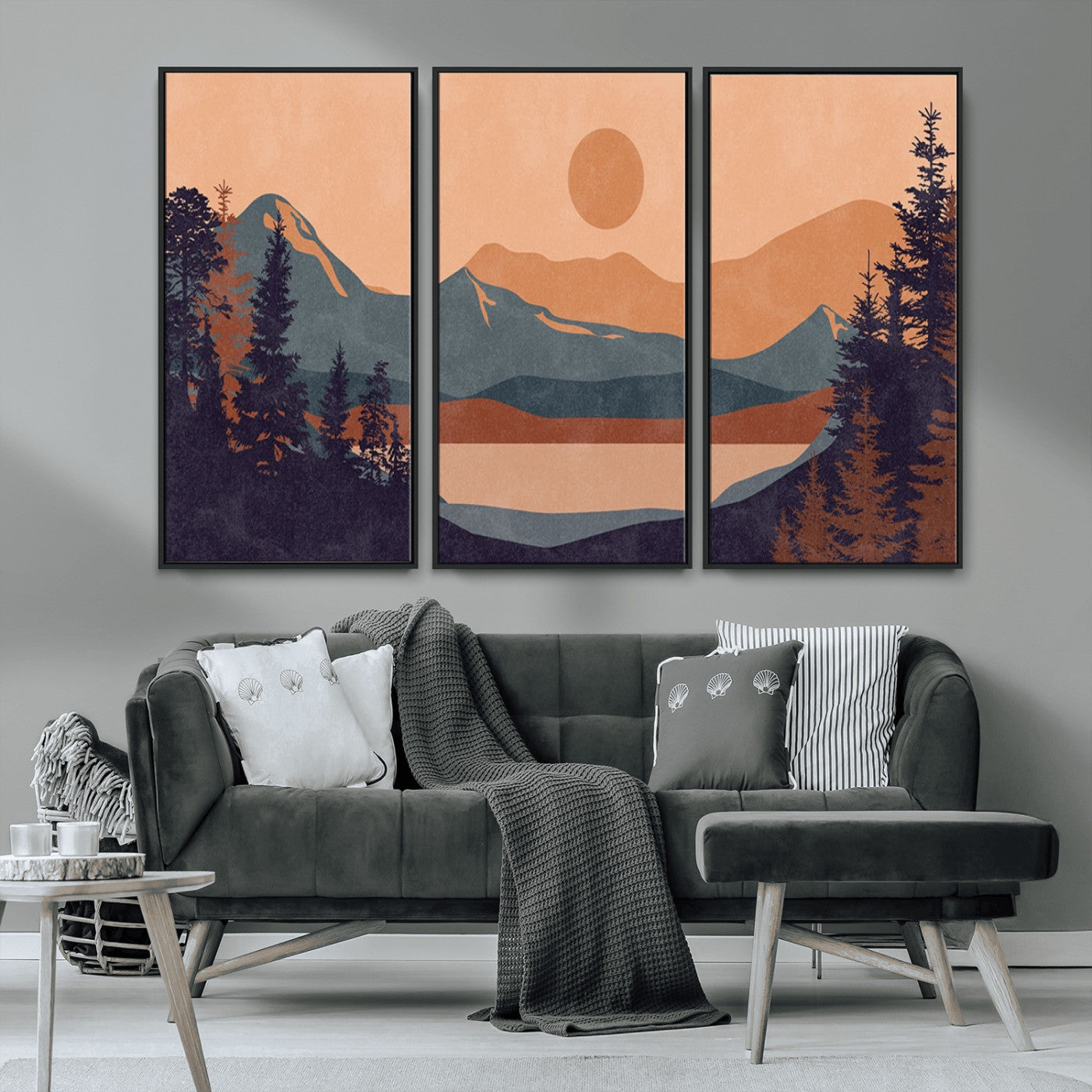 MGV-FC-48X32-3P - Modern Boho Sunset Canvas Print, Mountain Landscape Triptych – Giclée Canvas Art Print for Living