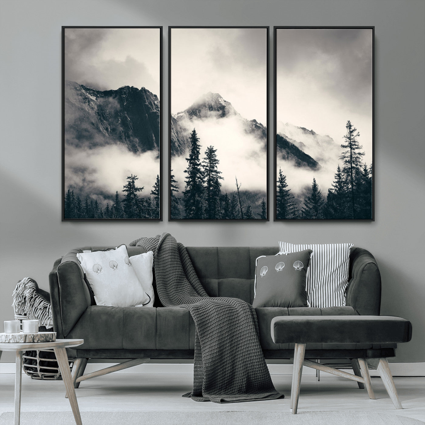 MGV-FC-48X32-3P - Large Foggy Mountain Forest Wall Art Canvas Print | Misty Mountain Peaks and Pine Trees Print | Framed Gallery Wrap | Rustic Nature Farmhouse Decor