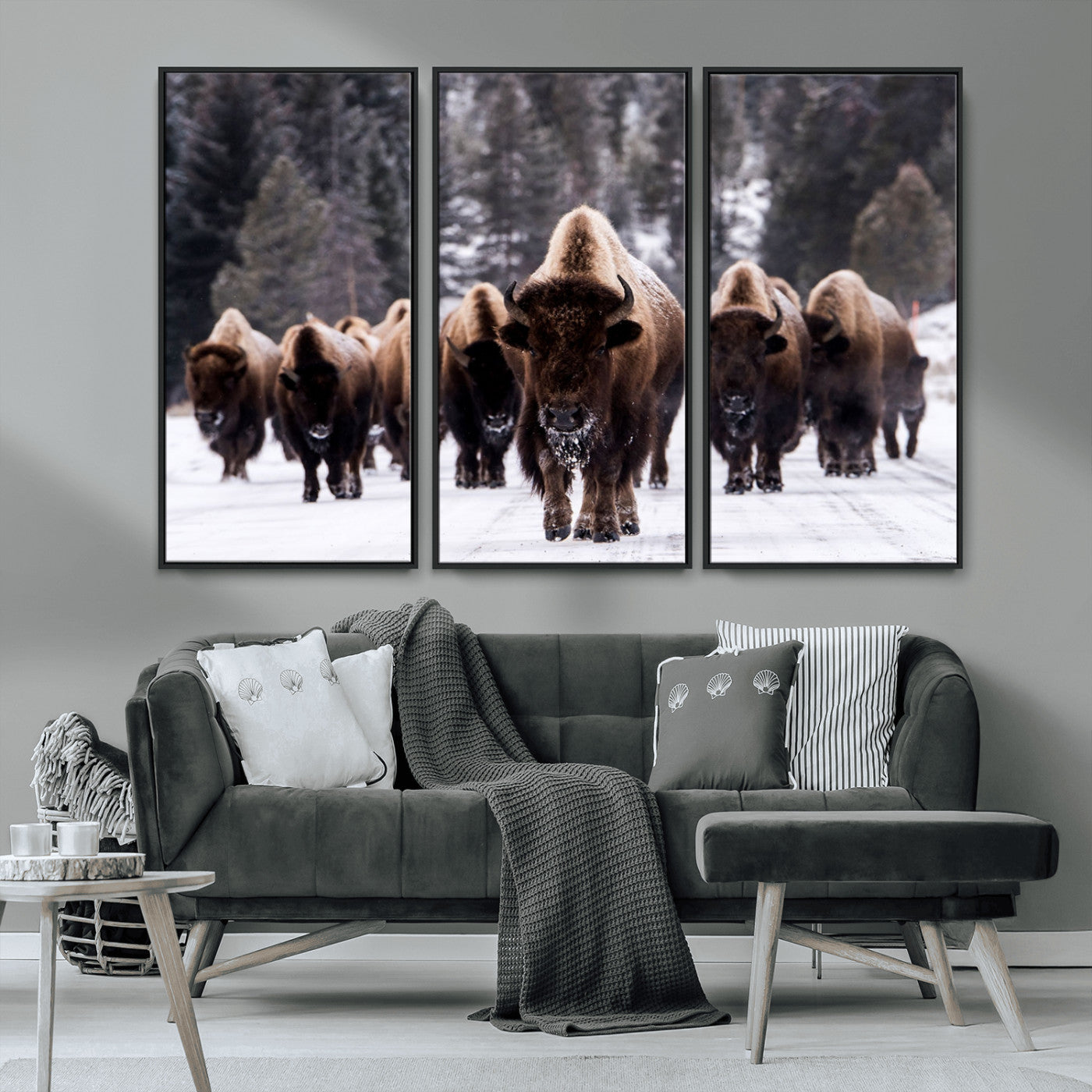 MGV-FC-48X32-3P - Bison Wall Art Canvas Print- Bison Herd Canvas Wall Art – Majestic Wildlife Photography – Framed and Ready to Hang Nature-Inspired Art - Buffalo Wall Art Print