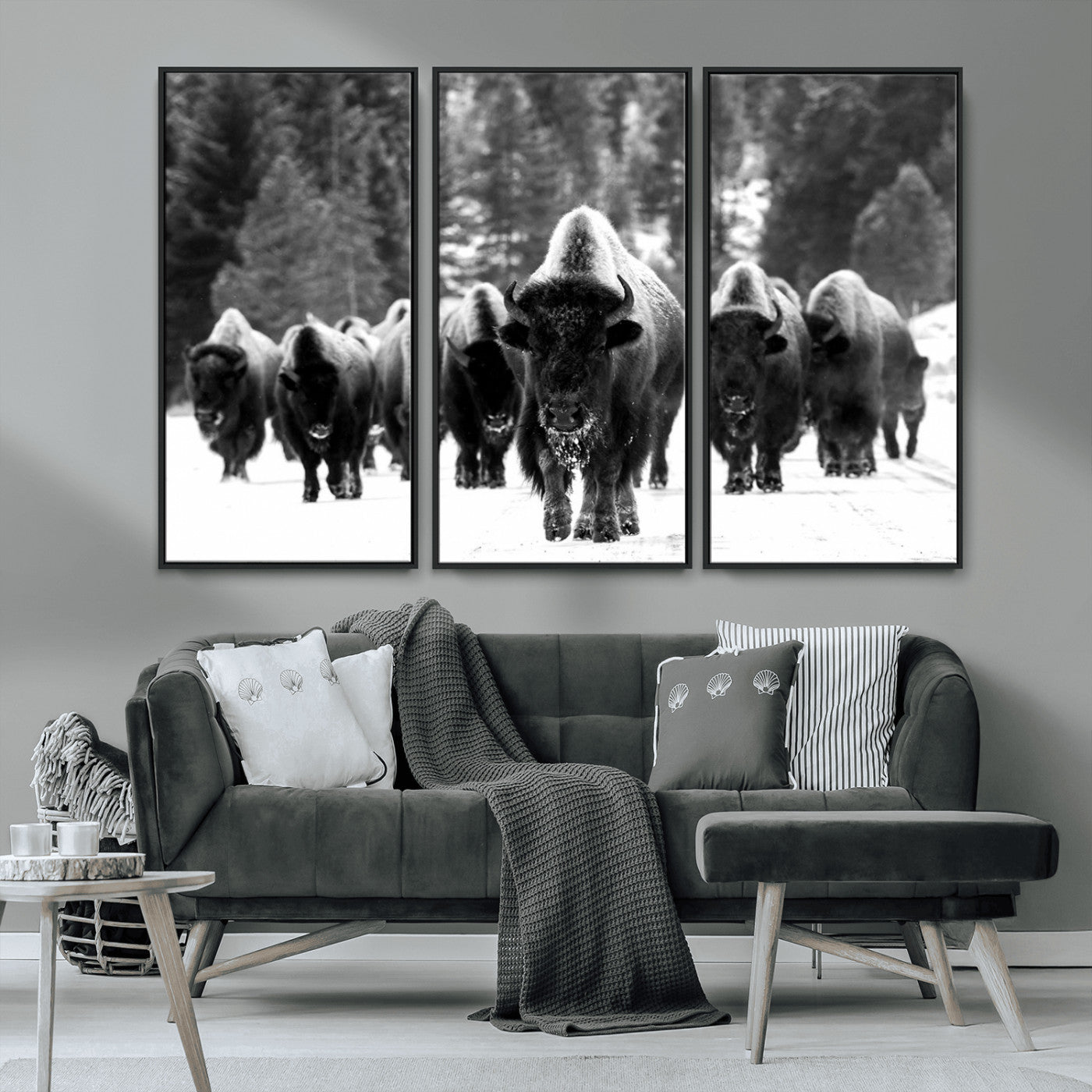 MGV-FC-48X32-3P - Bison Herd in Snow Wall Art Canvas Print | Rustic Western Bison Wall Art for Decor for Living Room, Office, and Farmhouse Decor | Framed Large Bison Giclee Canvas Print