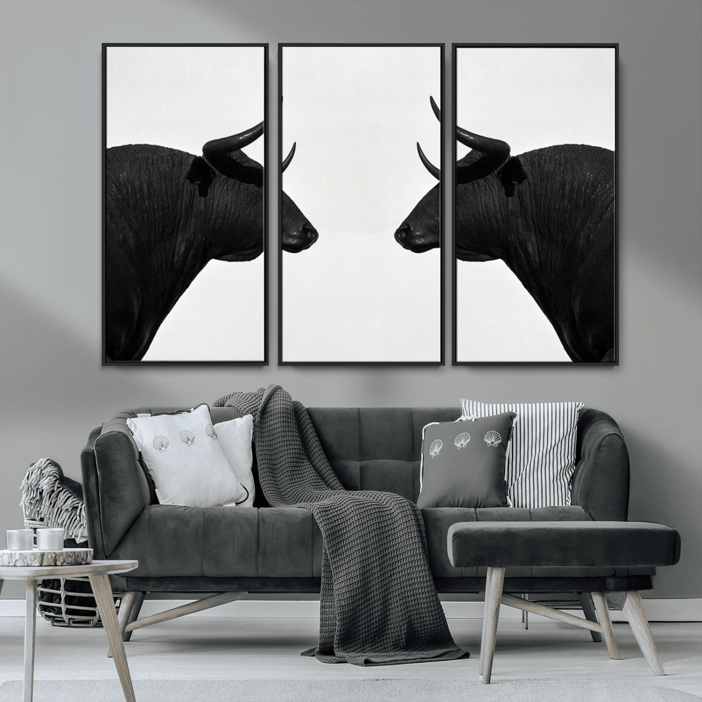 16038-MGV-FC-48X32-3P_Black-Spanish Bull Art - Framed Black and White Bull Canvas Print for Modern Rustic Home or Office Decor