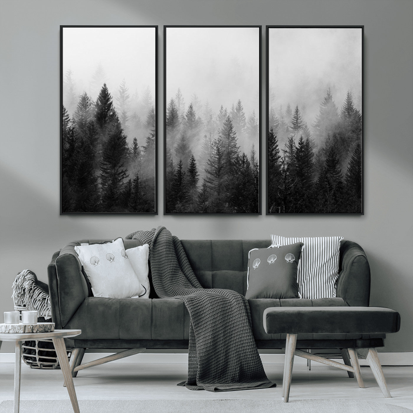 MGV-FC-48X32-3P - Foggy Black and White Forest Wall Art, 3 Panel Misty Pine Trees Canvas Print for Living Room, Office, or Bedroom, Nature-Inspired Woodland Wall Decor