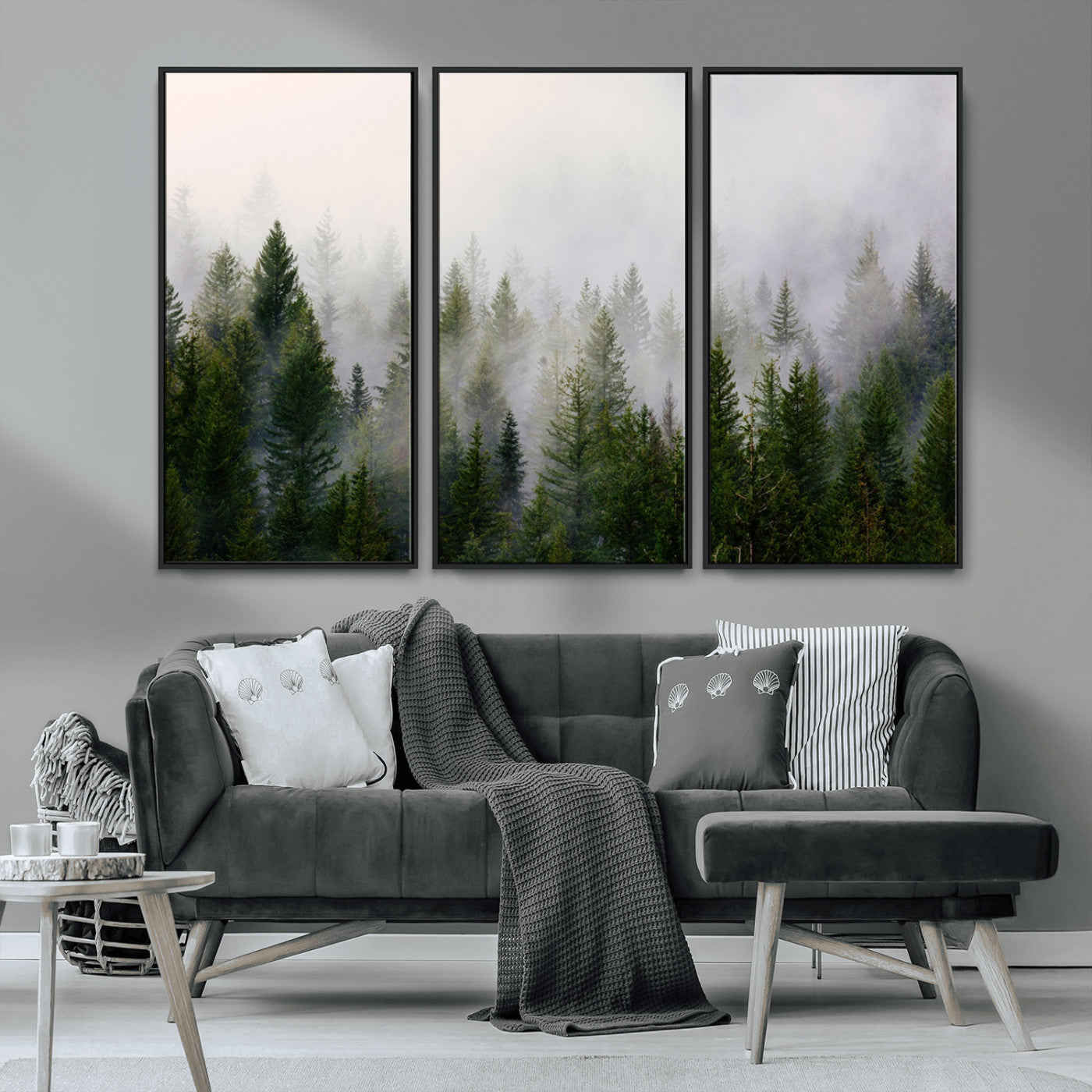 MGV-FC-48X32-3P - Misty Pine Forest Wall Art Canvas Print | 3 Panel Green Woodland Canvas Print for Living Room, Office, or Dining Room | Nature Foggy Forest Decor