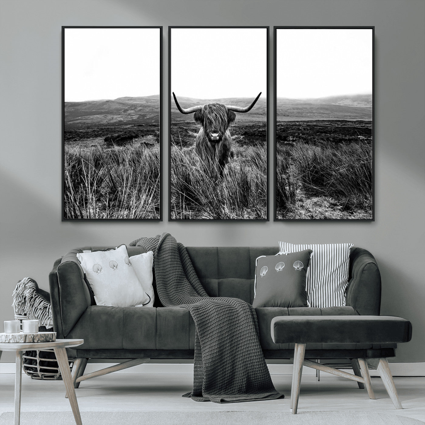 MGV-FC-48X32-3P - Black and White Highland Cow Canvas Wall Art, Longhorn Triptych Western Wall Decor for Cabin -