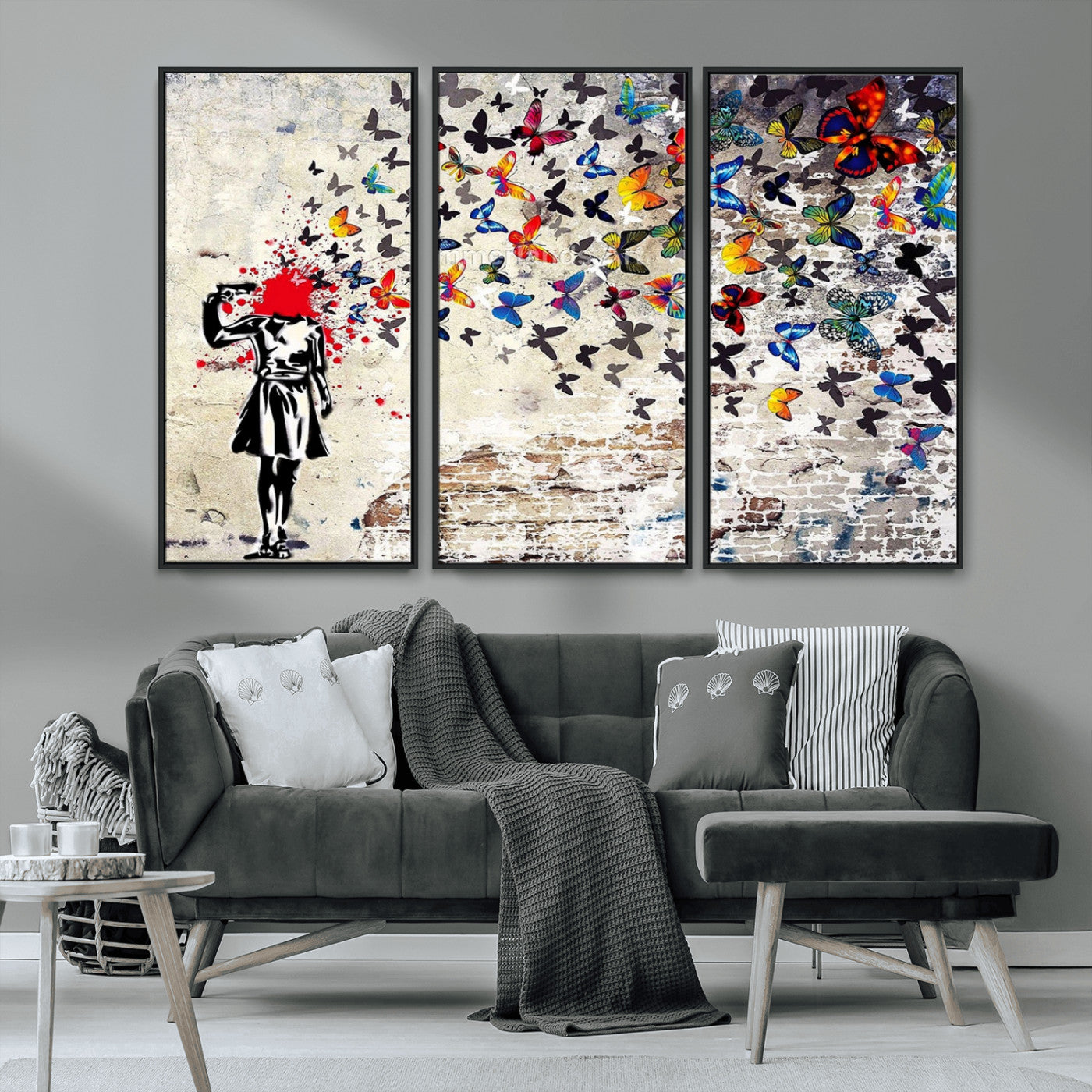 MGV-FC-48X32-3P - Banksy Art Butterfly Girl Explosion Canvas Art – Vibrant Urban Graffiti for Modern Interiors - Ready to Hang