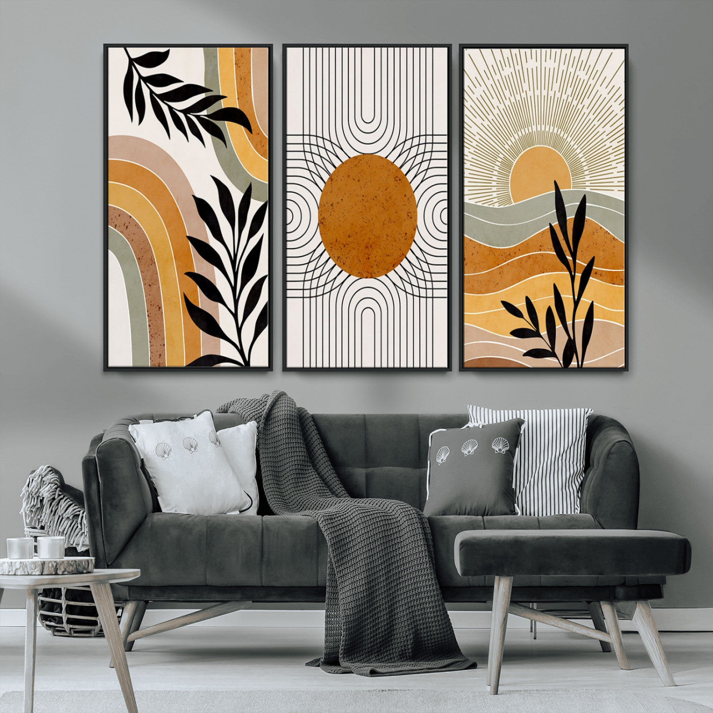 MGV-FC-48X32-3P - Modern Boho Sun and Leaf Abstract Art – 3-Panel Giclée Canvas for Mid-Century Modern or Bohemian