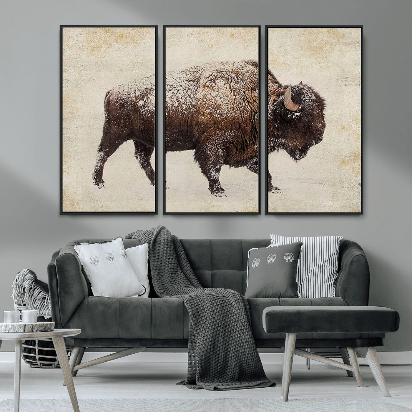MGV-FC-48X32-3P - Buffalo Wall Art, Western Bison Canvas Print, Rustic Buffalo Art for Cowboy Western Decor, Large Multi-Panel Giclee Canvas for Farmhouse Wall Decor