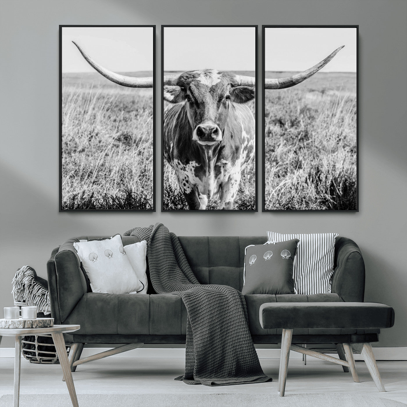 MGV-FC-48X32-3P - Texas Cow Longhorn Wall Art Canvas Print for Farm House Wall Decor, Farmhouse Wall Art Print