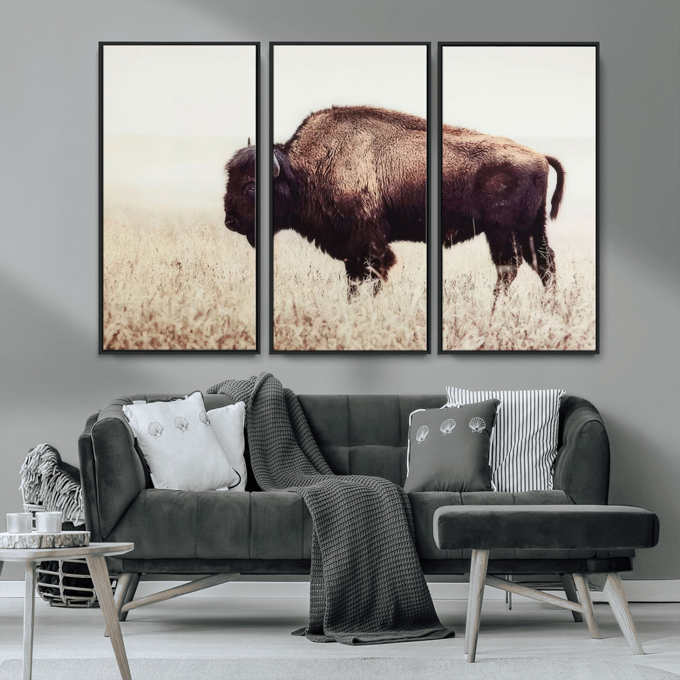 MGV-FC-48X32-3P - Bison in Field Wall Art Canvas Print For Farmhouse Barn Decor