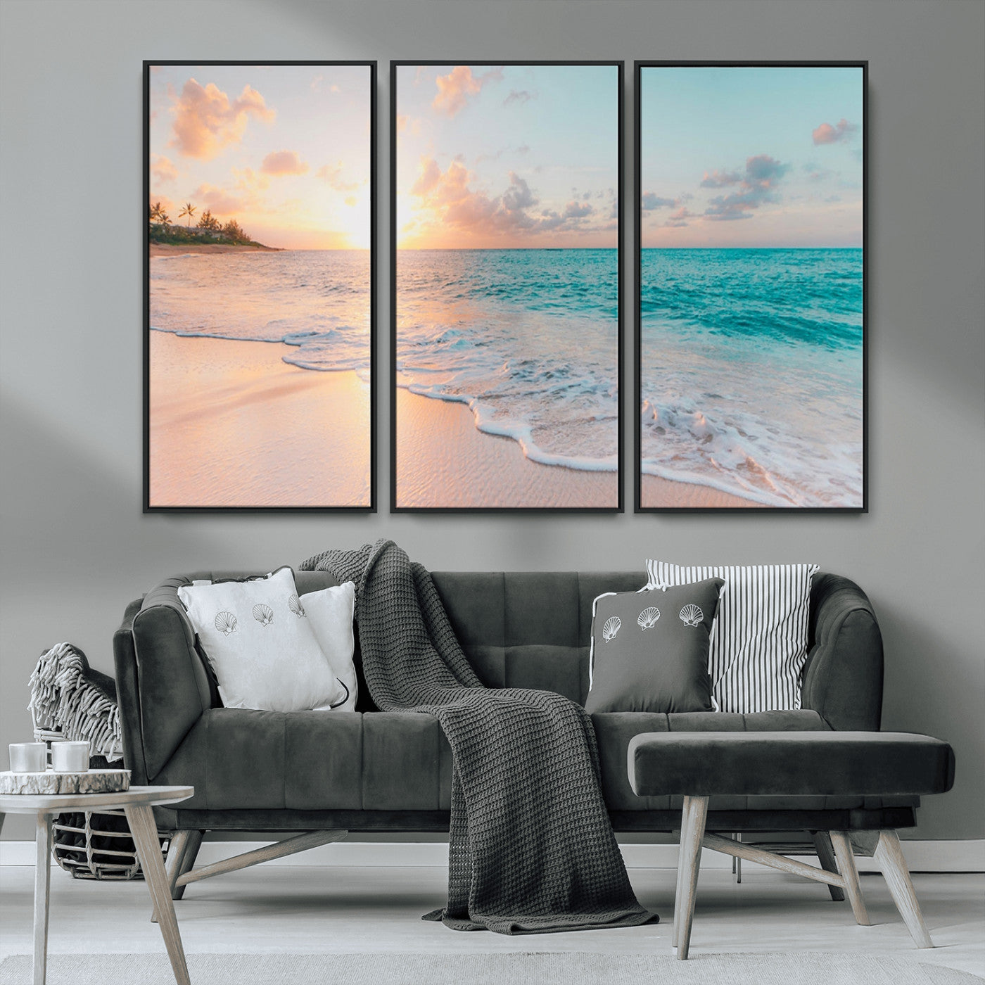 MGV-FC-48X32-3P - Beach Sunrise Wall Art, Coastal Seascape Canvas Print, Ocean Wave Multi-Panel Giclee, Coastal Sunset Beach Scene for Modern Decor