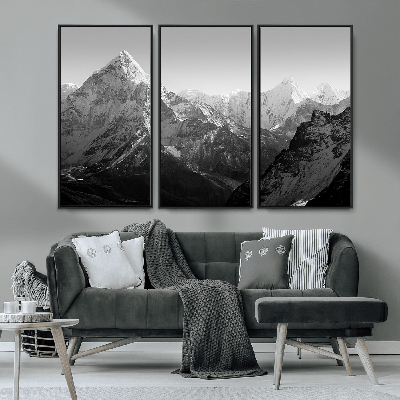 MGV-FC-48X32-3P - Everest Himalaya Mountain Peaks Black & White Triptych Canvas Art – Mountain Wall Decor for Minimalist Interiors