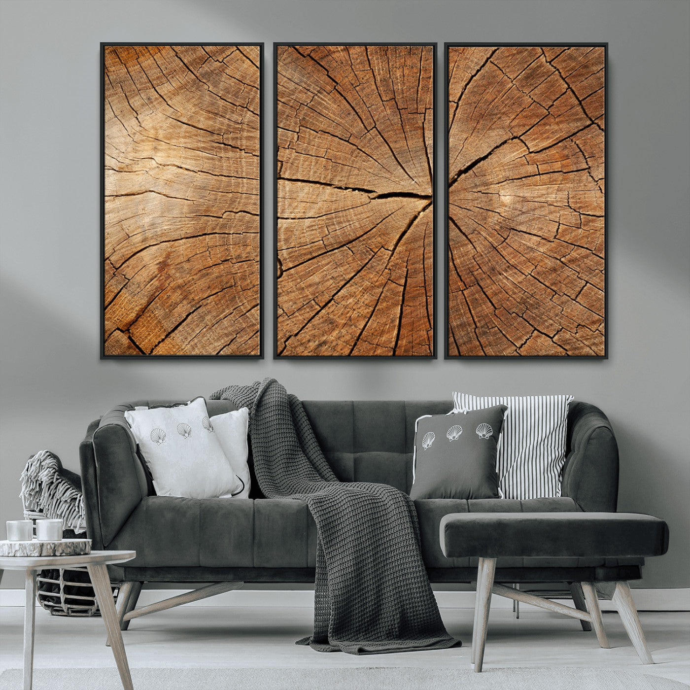 MGV-FC-48X32-3P - Tree Ring Canvas Art, Rustic Wood Grain Wall Art, Tree Slice Decor for Modern Homes, Giclee Multi-Panel Print, Tree Ring Wall Art Set