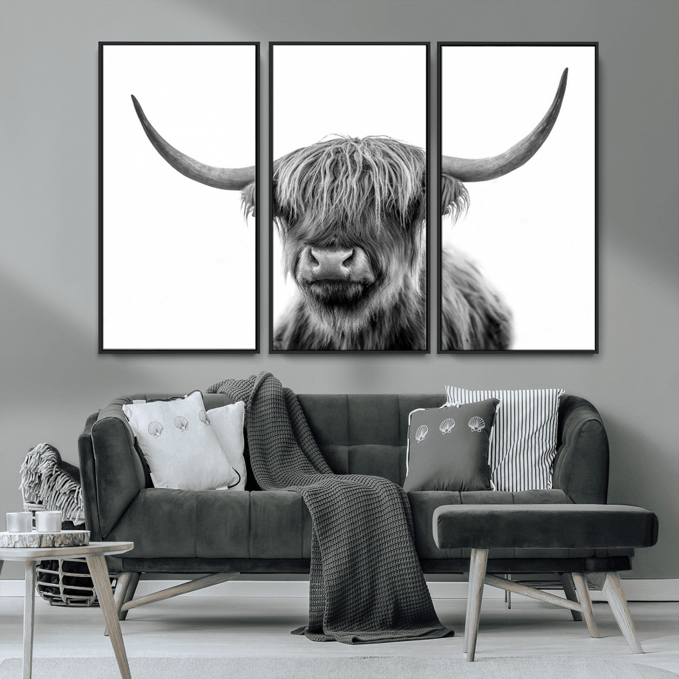 MGV-FC-48X32-3P - Grayscale Scottish Highland Cow Cattle Art Print Farmhouse Wall Art Canvas Print