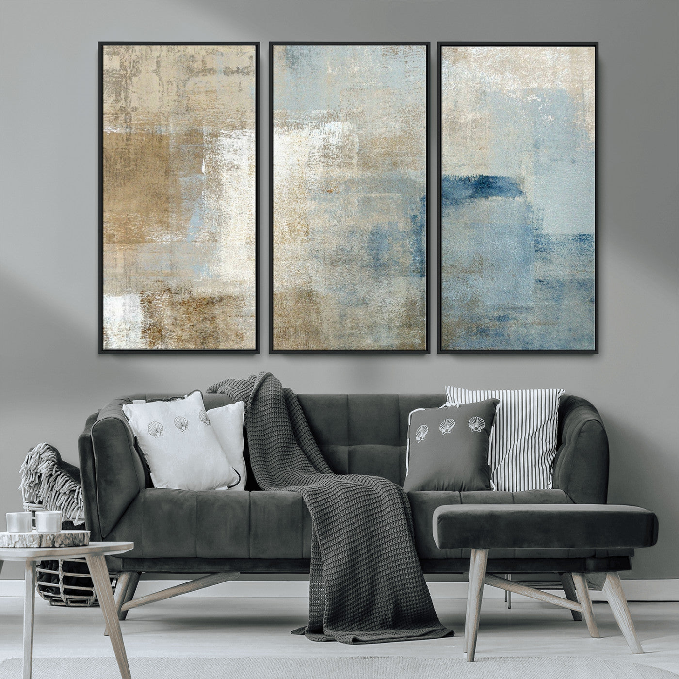 MGV-FC-48X32-3P - Abstract Blue and Beige Wall Art, Modern Minimalist Canvas Print Set, Giclee Textured Art, Large Multi-Panel Artwork for Living Room
