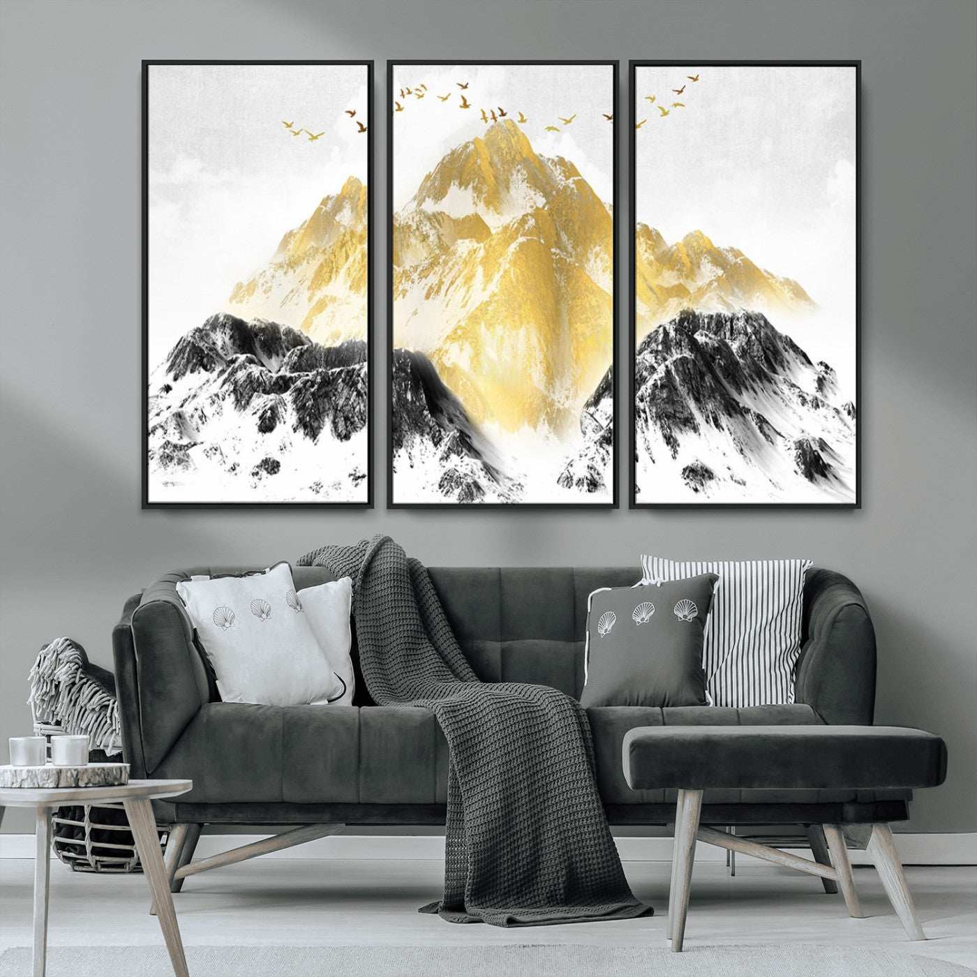 MGV-FC-48X32-3P - Golden Mountain Triptych Wall Art, Modern Giclee Canvas Print, Nature Landscape Decor for Living Room, Contemporary Gold and Black Wall Art