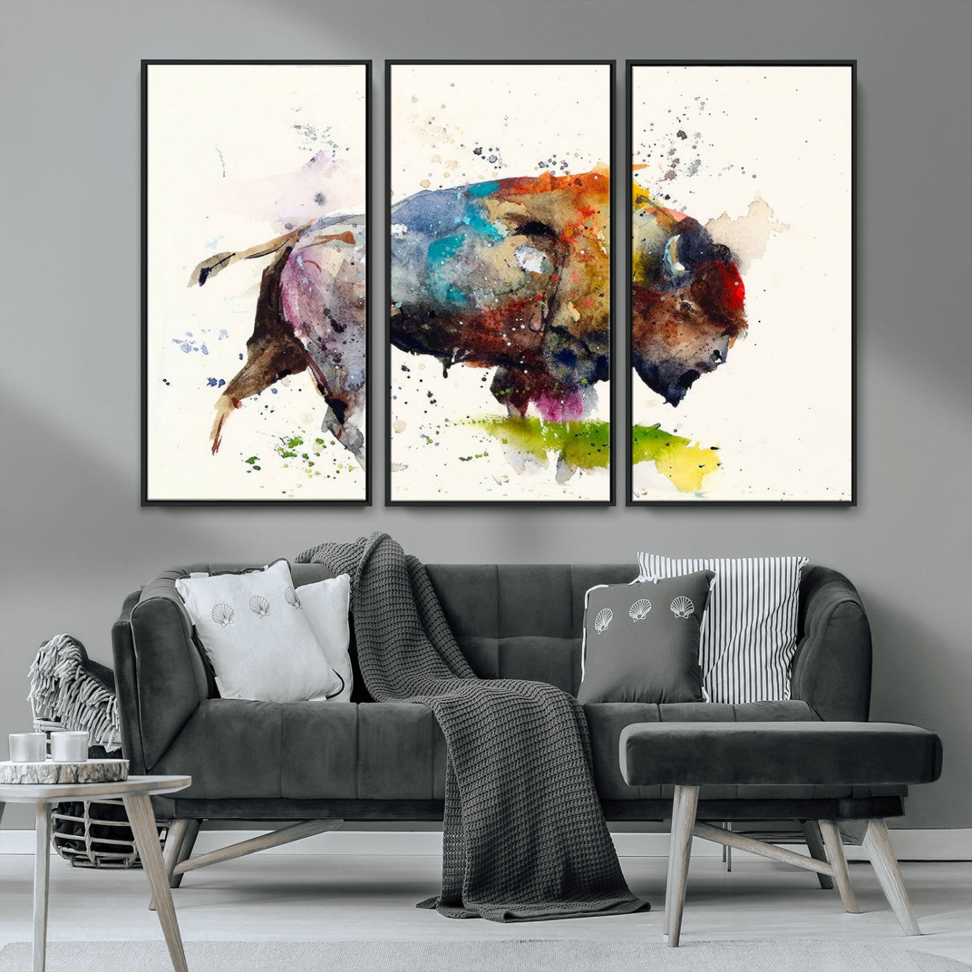 MGV-FC-48X32-3P - Abstract Buffalo Wall Art, Western Watercolor Bison Canvas Print, Rustic Buffalo Art for Cowboy and Western Decor, Large Multi-Panel Giclee Canvas