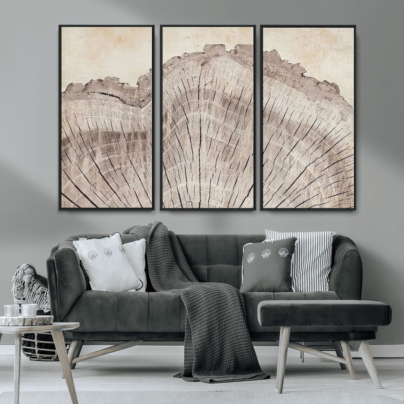 MGV-FC-48X32-3P - Tree Ring Wall Art Triptych, Rustic Wood Ring Canvas Print, Minimalist Wall Decor for Modern Homes and Farmhouse Decor