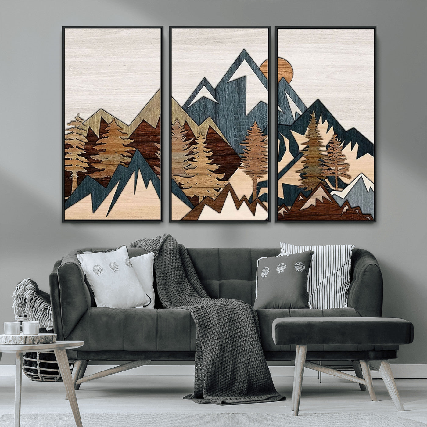 MGV-FC-48X32-3P - Woodland Mountain Landscape Triptych, Giclee Canvas Art for Modern Home, Rustic Wooden Nature Wall Art, Large Mountain and Tree Canvas for Living Room