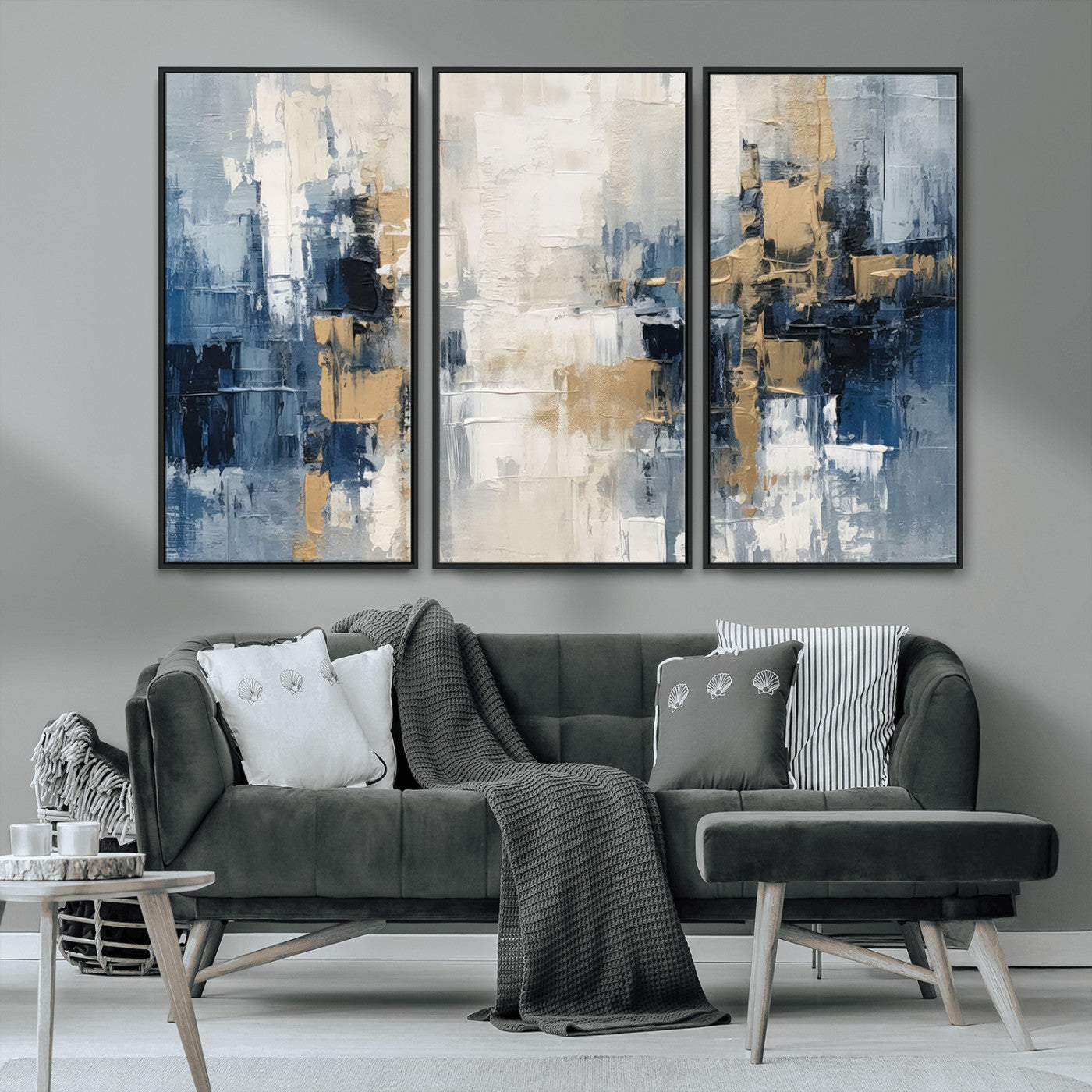 -Modern Abstract Canvas Wall Art in Blue and Gold Tones | Large Contemporary Art for Living Room,