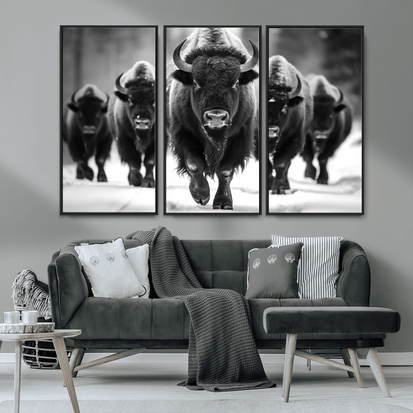 MGV-FC-48X32-3P - American Bison Art | Buffalo Herd Wall Art Canvas Print, BW American Bison Herd Wall Art Canvas Print