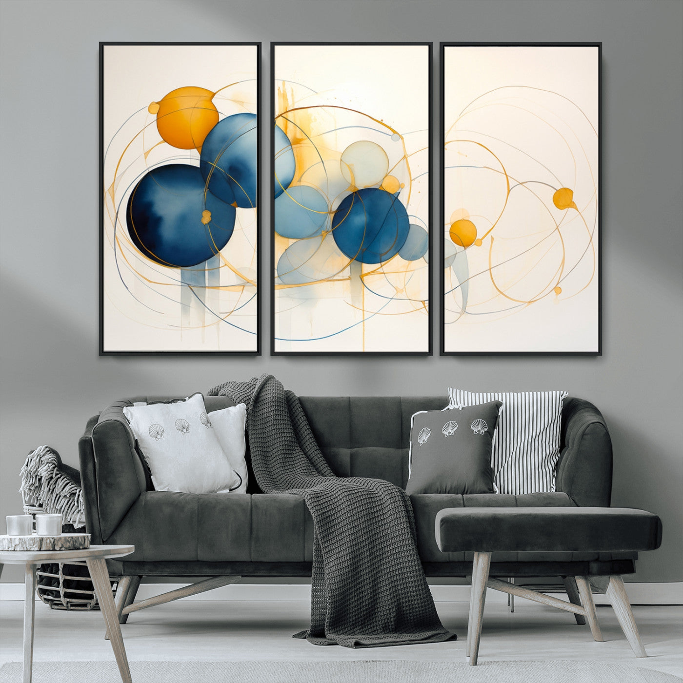 -Geometric Blue Orange Abstract Wall Art Canvas, Geometric Blue Orange Canvas Print
