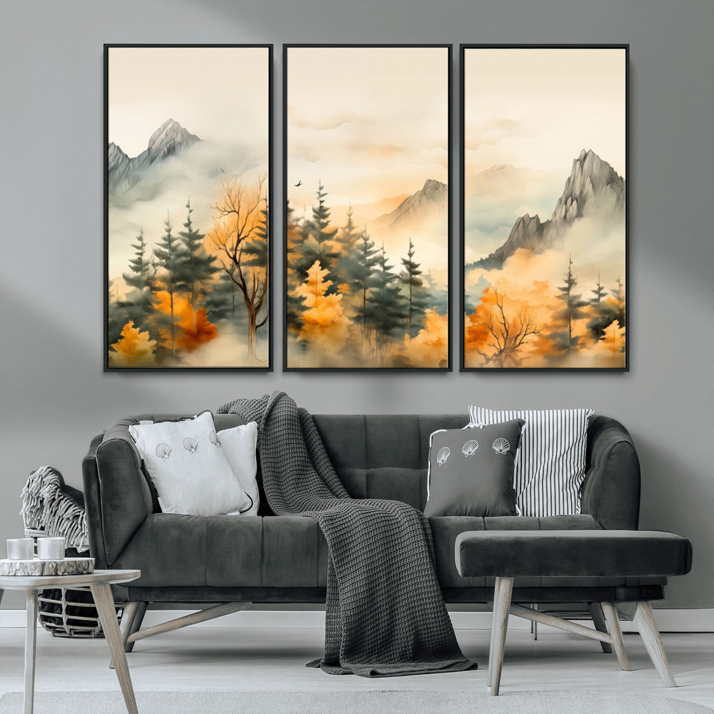 MGV-FC-48X32-3P - Abstract Watercolor Mountains and Trees Autumn Art, Watercolor Mountains and Trees Canvas Print