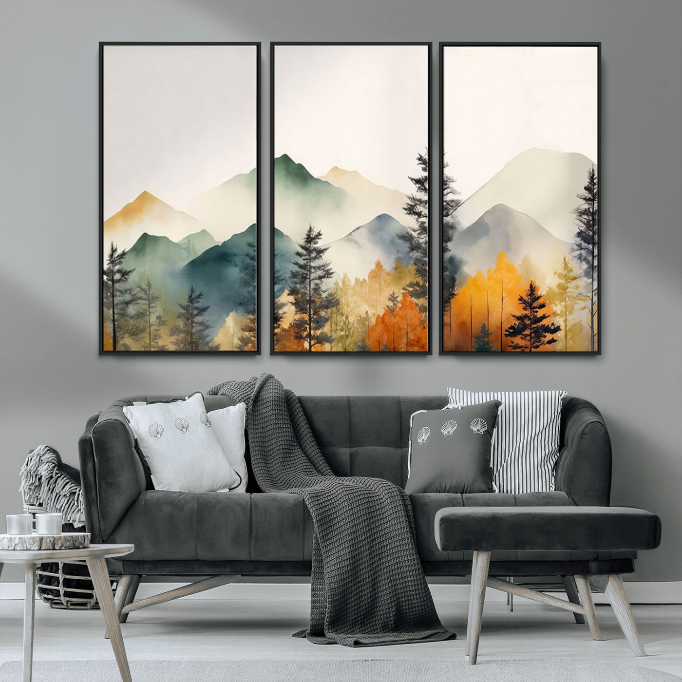 MGV-FC-48X32-3P - Abstract Watercolor Mountains and Trees Autumn Wall Art, Mountains and Trees Autumn Wall Art Canvas