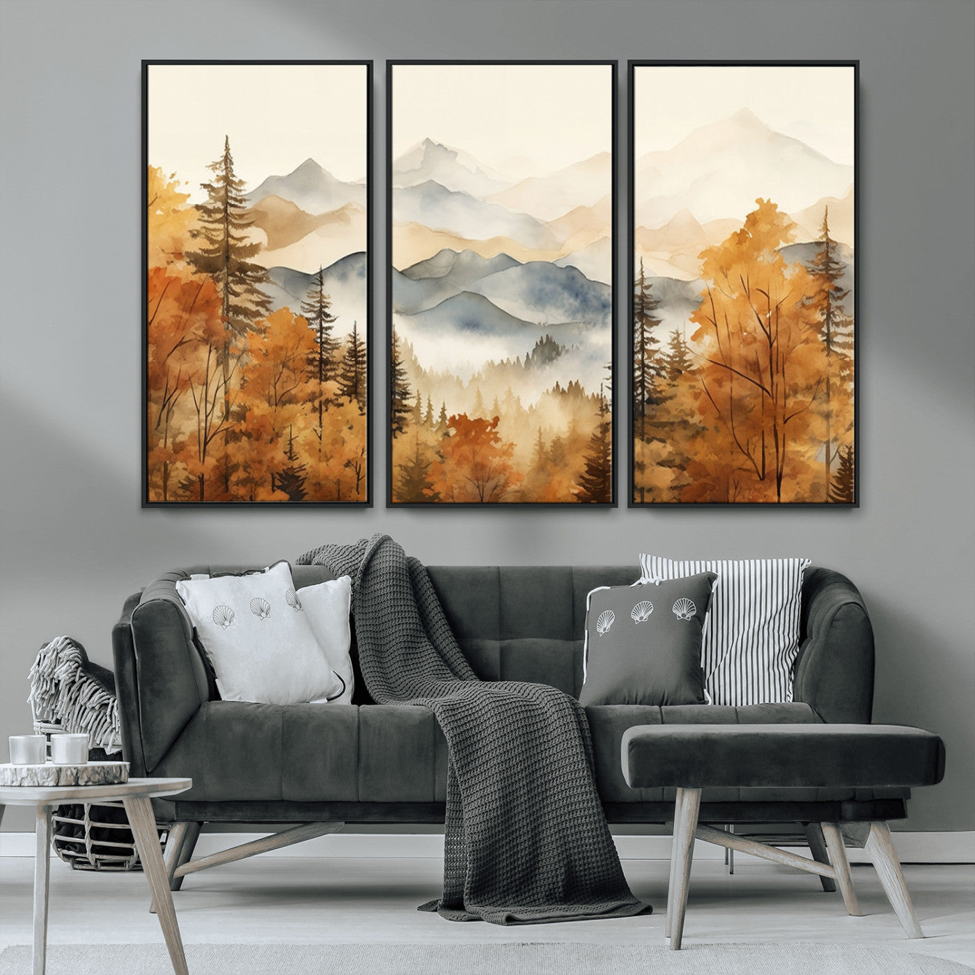 MGV-FC-48X32-3P - Golden Autumn Forest Wall Art | Mountain Landscape Canvas Print for Living Room or Bedroom | Large Wall Decor with Nature-Inspired Design