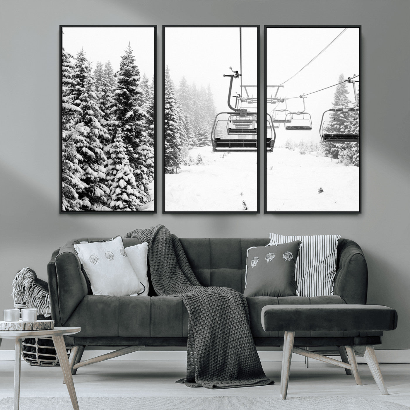MGV-FC-48X32-3P - Ski Wall Art - Ski Lift Wall Art Canvas Print Snow Covered Spruce Trees Winter Wall Art Ski Skier