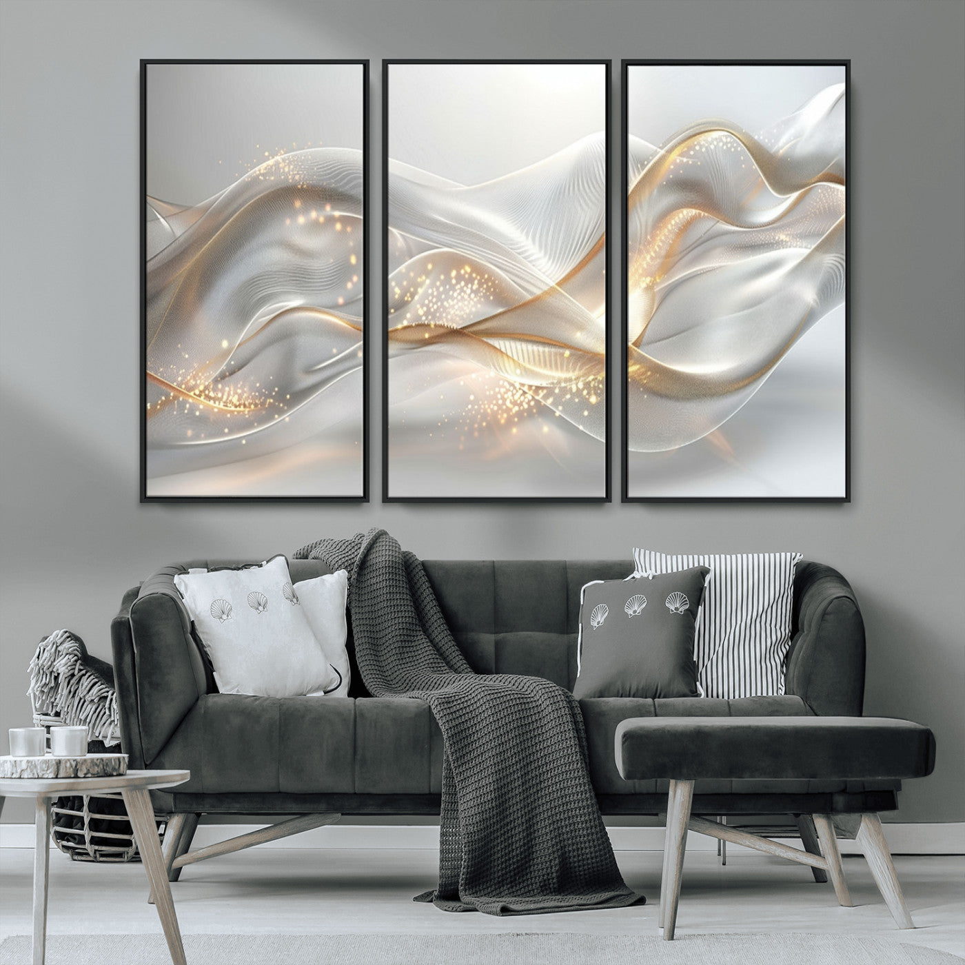-Abstract art Grey and Gold Lines Wall Art