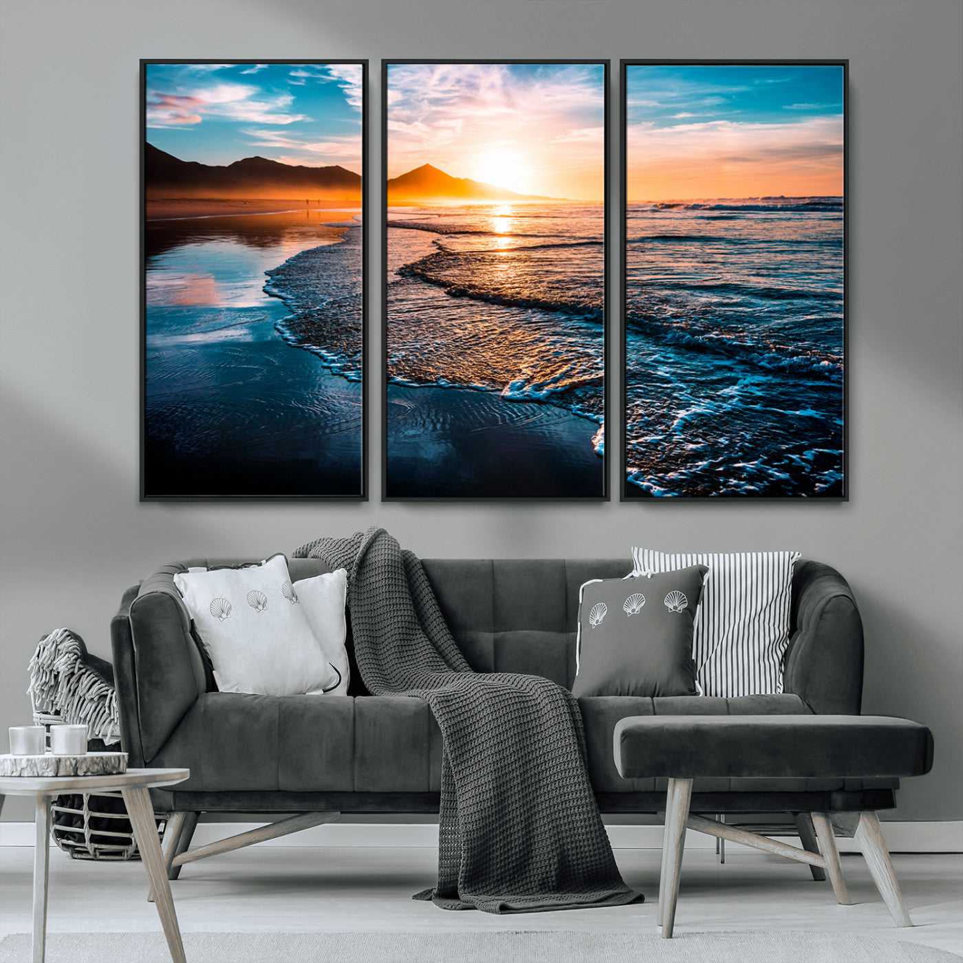 MGV-FC-48X32-3P - Beach Ocean Sunset on the Sea Wall Art Canvas, Beach Ocean Sunset Canvas Print