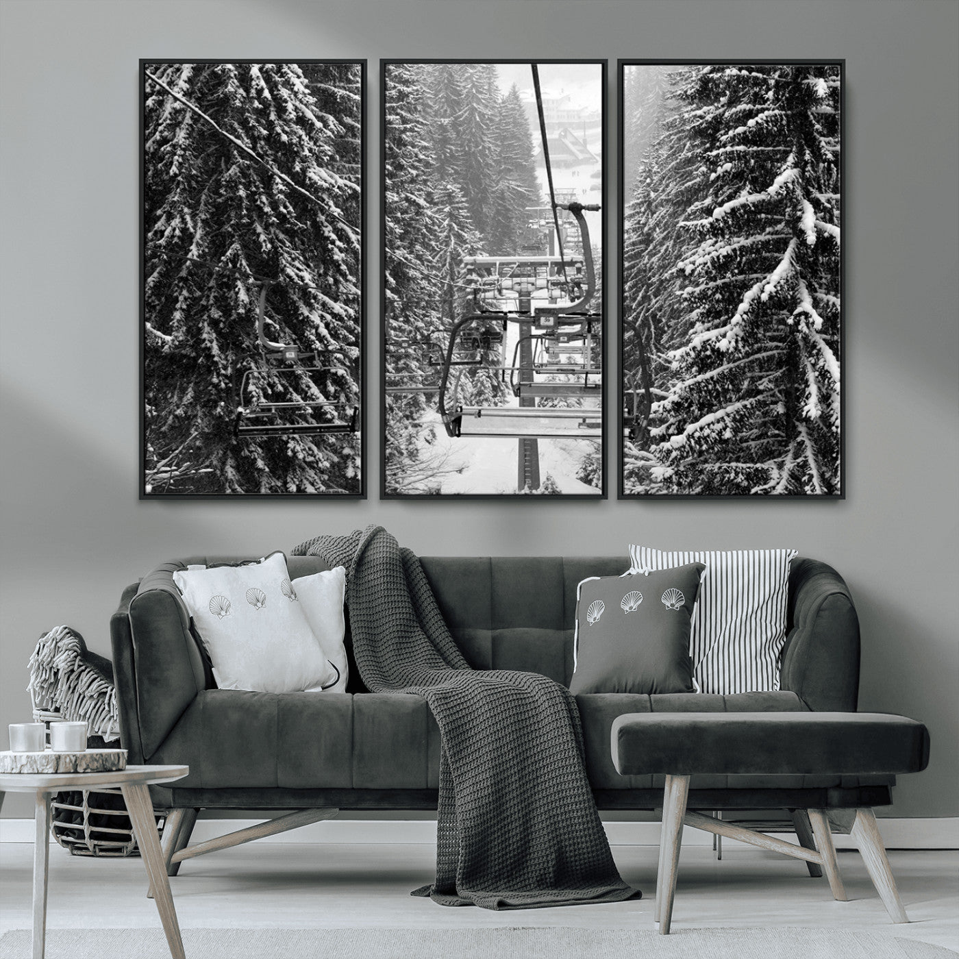 MGV-FC-48X32-3P - Winter Ski Lift Black and White Canvas Wall Art – Alpine Escape in Minimalist Style – Ready to Hang