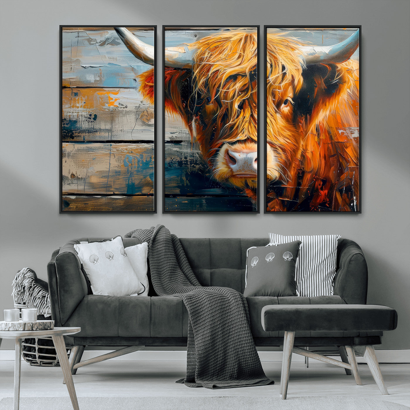 92312-MGV-FC-48X32-3P_Black-Highland Cow Abstract Canvas Wall Art – Bold Farmhouse Rustic Decor – Ready to Hang
