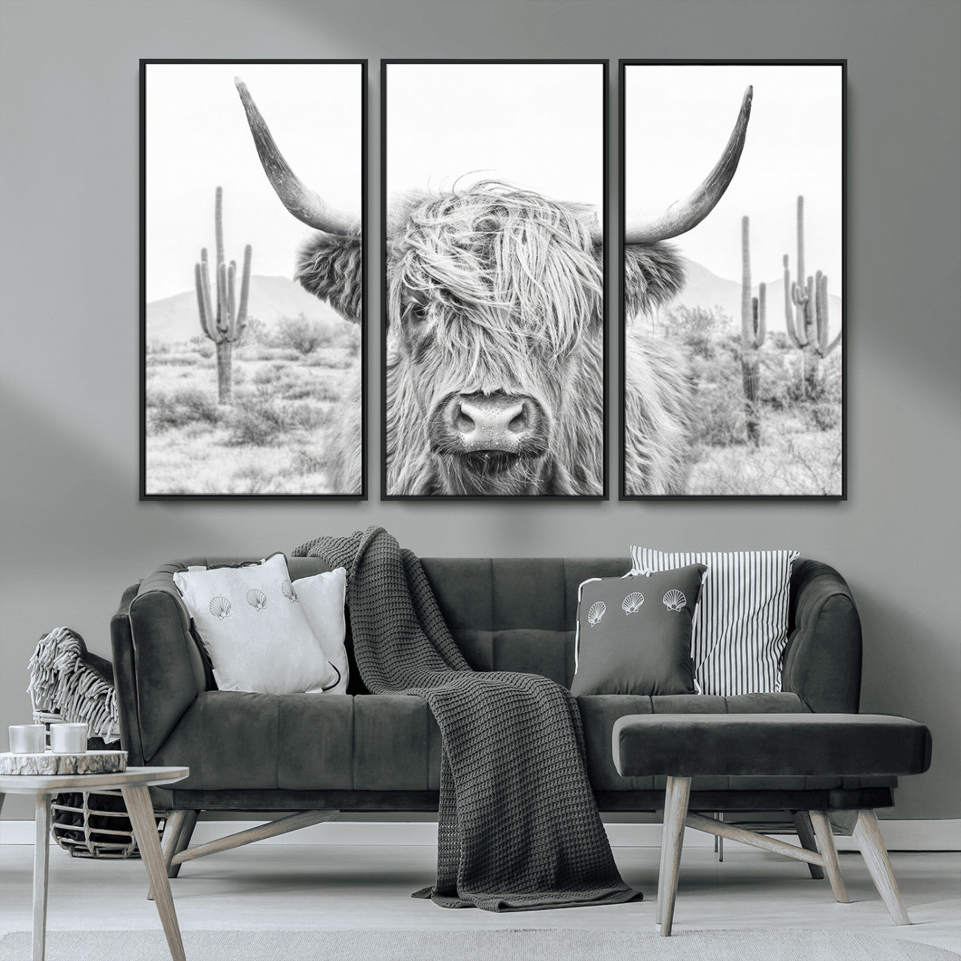 -Rustic Charm | Cow Longhorn Black White Bighorn Wall Art Canvas Print | Farmhouse Wall Art