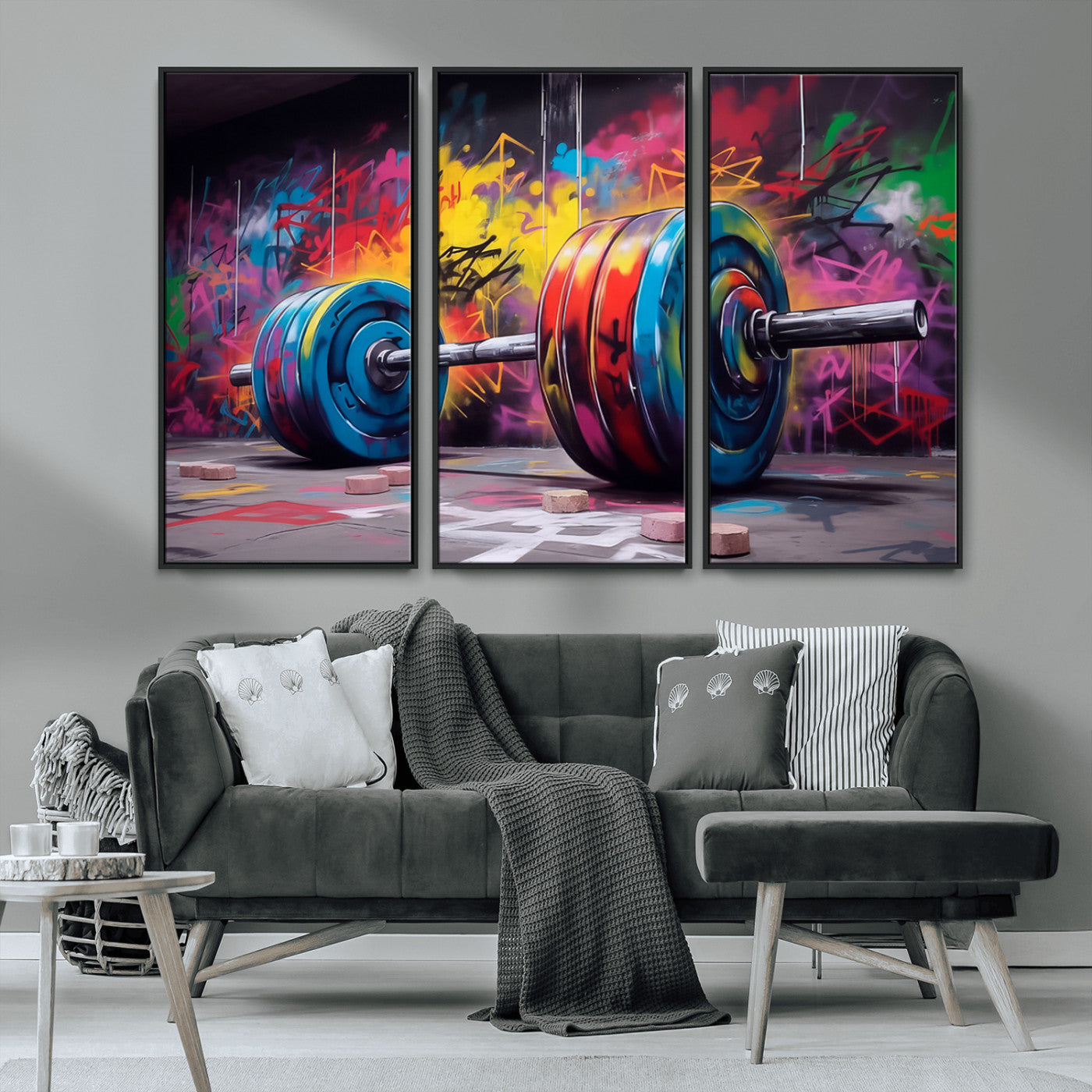 MGV-FC-48X32-3P - Abstract Graffiti Barbell Canvas Wall Art – Urban Fitness Meets Bold Street Art Print - Gym Wall Art Print