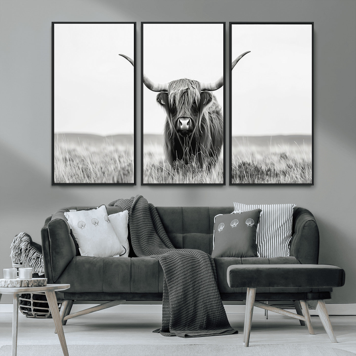 MGV-FC-48X32-3P - Highland Cow Canvas Wall Art – Majestic Beauty in Black and White